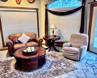 Leather Loveseat, Reclining Chair and Coffee Table and End Table