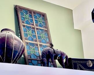 Vintage Stained Glass, Leather Horse, Box and Jug