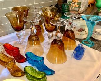 Amber Stemware, Vintage Colored Glass Shoes and Vase