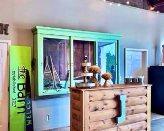 Custom Bar, Antique Wall Cabinet, Antiques and Large Barn Sign