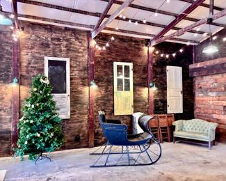 Antique Cutter Sleigh, Christmas Tree, Antique Doors and Furniture