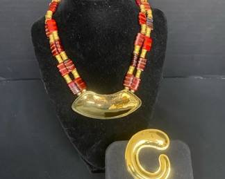 Carlton Ridge for Sutton Hoo Glass Bead Necklace with Brass Dipped 24k Gold Accent and Pin