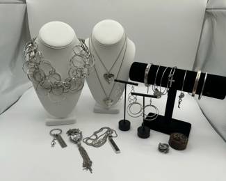 Silver Toned Chunky Costume Jewelry Bangles Necklaces Earrings Cuffs