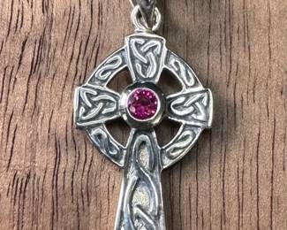 925 Silver Gaelic Cross Pendant With Ruby