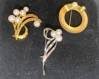 Gold Fill and Silver Broaches with Natural Pearl Accents
