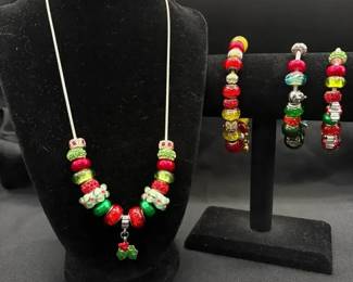 Glass Bead Christmas Charm Necklace And Bracelets
