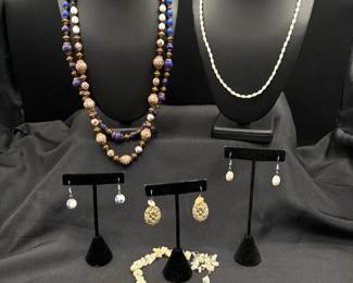 Collection Of Glass Bead Necklaces Earrings and Carved Stone Set