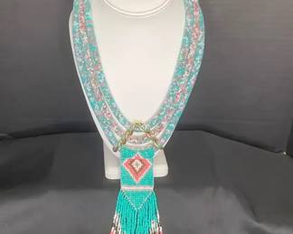 Beaded Pink and Teal Three Strand Necklace