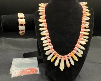 Mother Of Pearl And Coral Necklace And Bracelet Set With Extra Coral Beads
