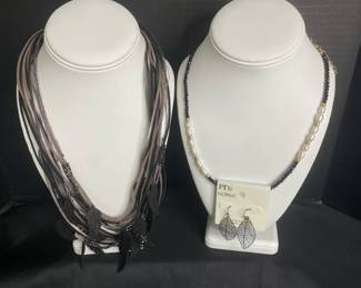 Black Glass and Pearl Beaded Necklace with Leather Necklace Leaf Earrings