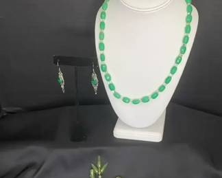 Jadeite Necklace and Bracelet with Costume Broaches and 925 Earrings
