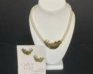 Carlton Ridge for Sutton Hoo Brass Dipped in 24k Gold Ark Earrings with Faux Pearl Necklace
