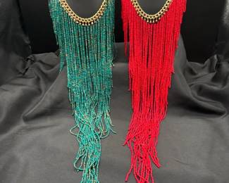 Pair Of Long Bohemian Multistrand Seed Bead Fringe Statement Necklaces