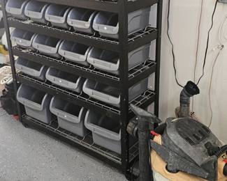 Shop Vac and rack with bins