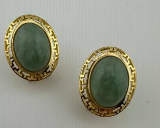 14K gold Greek Key trimmed Jade post earrings 