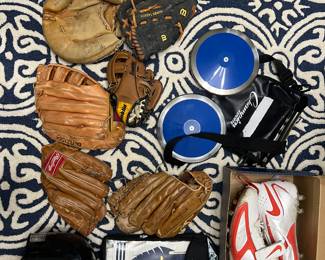 Sports items:
Baseball helmet, $10
Baseball Mits $14
Soccer goalie gloves, $15
Nike size 14, football cleats $15
To discuss and bag $15