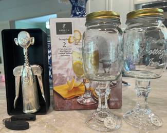 New In Box mason jar, wine, glasses, $10
Perfect as a hostess or shower gift!
NIB Silver designer wine bottle opener
$25