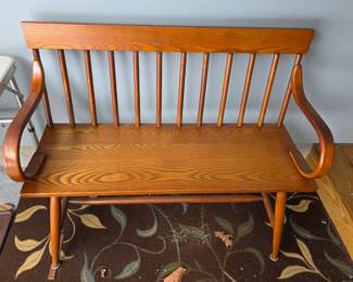 Wooden Bench, Brown rug with greenery