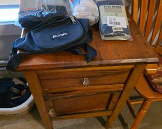 Wood side table, Fanny pack, Mens socks