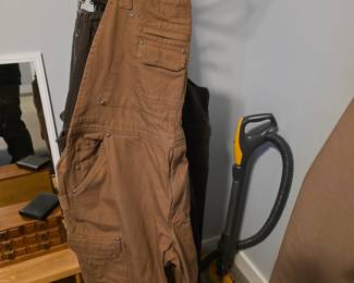 Carhartt overalls, Side table, Jewelry box, wallet, Coat rack, vacuum