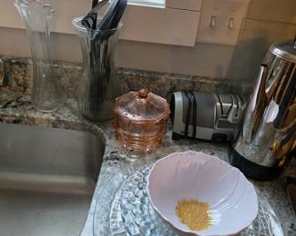 Knife sharpener, Glass vase, Glass platters, Pink Covered Glass Candy Dish