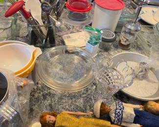 Biscuit cutter, Corning mixing bowls, Chopper, Tupperware White and red, Cookie Scooper or Ice cream scoop, Barbie Dolls