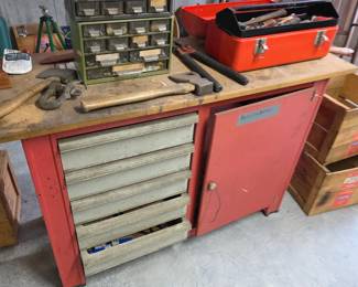 Tool bench, axe, tool box, vintage small parts cabinet
