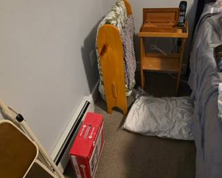 Side table, phone, step stool, quilt rack, quilt