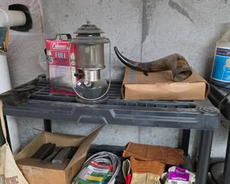 Camping Oil Lantern, Gloves, Plumbing Hoses, Sharpening Stones