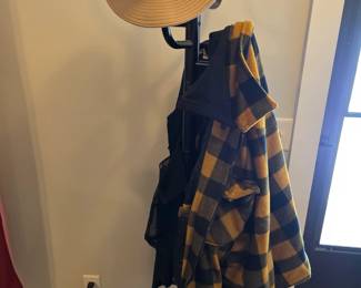 Coat hanger, Hat, Yellow plaid jacket