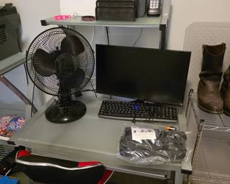 Computer desk, Gaming chair, computer, table top fan, letter sorter, Cordless Phone