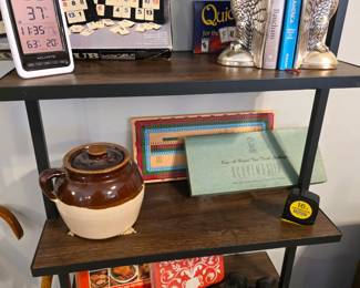 Bean pot, Eagle book ends, tape measure, games