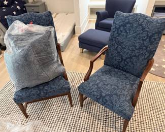 Pair of Vintage Restored & Reupholstered Blue Damask Armchairs