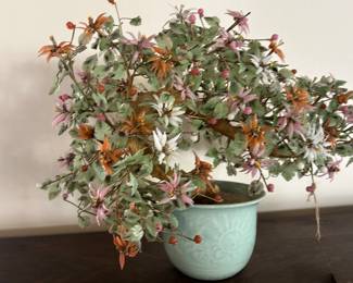 Vintage Mid 20th Century Jade Flowering Bonsai Tree With Celadon Pot