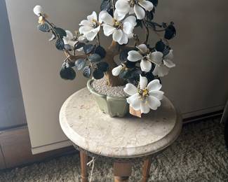 Vintage White Floral Bonsai Tree & marble top accent table 