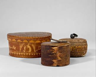 Pictorial Birch Bark Box & (2) Additional Wood Boxes
