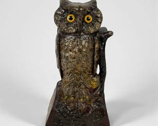 Vintage Antique Cast Iron Painted Coin Bank Owl
