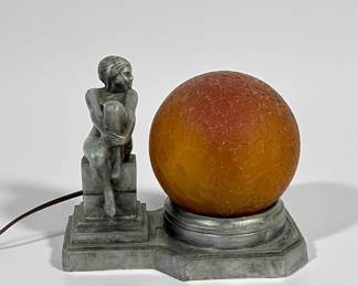 Art Deco Silver Table Lamp With Amber Shade
