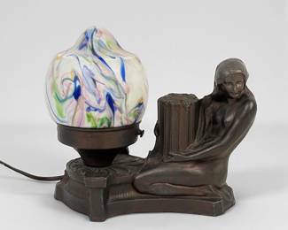 Art Deco Figural Table Lamp With Colorful Shade
