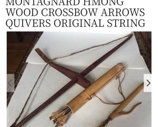 VINTAGE VIETNAMESE MONTAGNARD HMONG WOOD CROSSBOW ARROWS QUIVERS ORIGINAL STRING