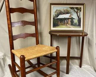 Vintage LadderBack Rocking Chair, Accent Table  Framed Cottage Artwork