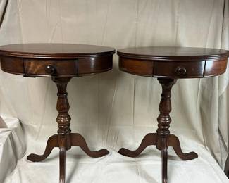 Pair of Vintage Round Wood End Tables with Single Drawer
