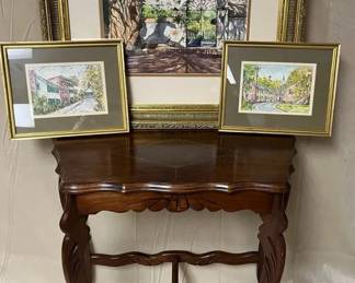 Carved Wood Accent Table with Framed Watercolor Art