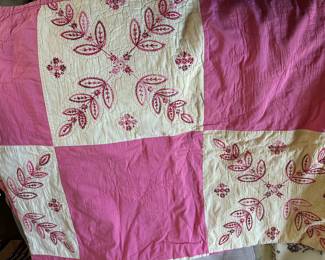 Hand embroidered, hand pieced, hand quilted  pink and white quilt 
