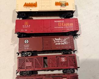 vintage Bachmann HO scale model train cars featuring Santa Fe Railway branding, including the "El Capitan" route advertisements