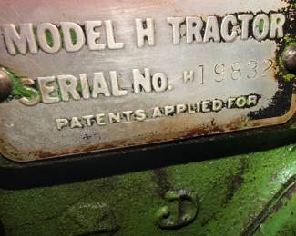 John Deere Model H tractor model #19832 was manufactured in 1941.  Hand Crank 2 -cylinder liquid cooled Row crop tractor was built in waterloo, Iowa.