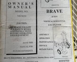  manual for a Brave Industries 20-ton vertical/horizontal log splitter, model VH 9020. 