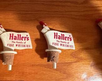 vintage Haller's "Family of Fine Whiskies" flag-shaped bottle pourer stoppers