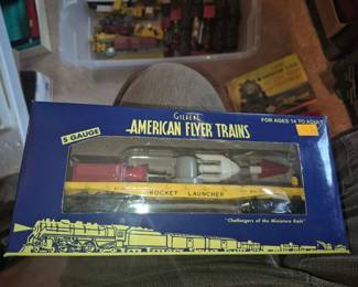  vintage A.C. Gilbert American Flyer S-gauge model train car featuring a rocket launcher accessory