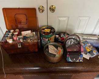 Sewing box including supplies, tin of threads, tin of tailoring pins, foldable bags "new" 